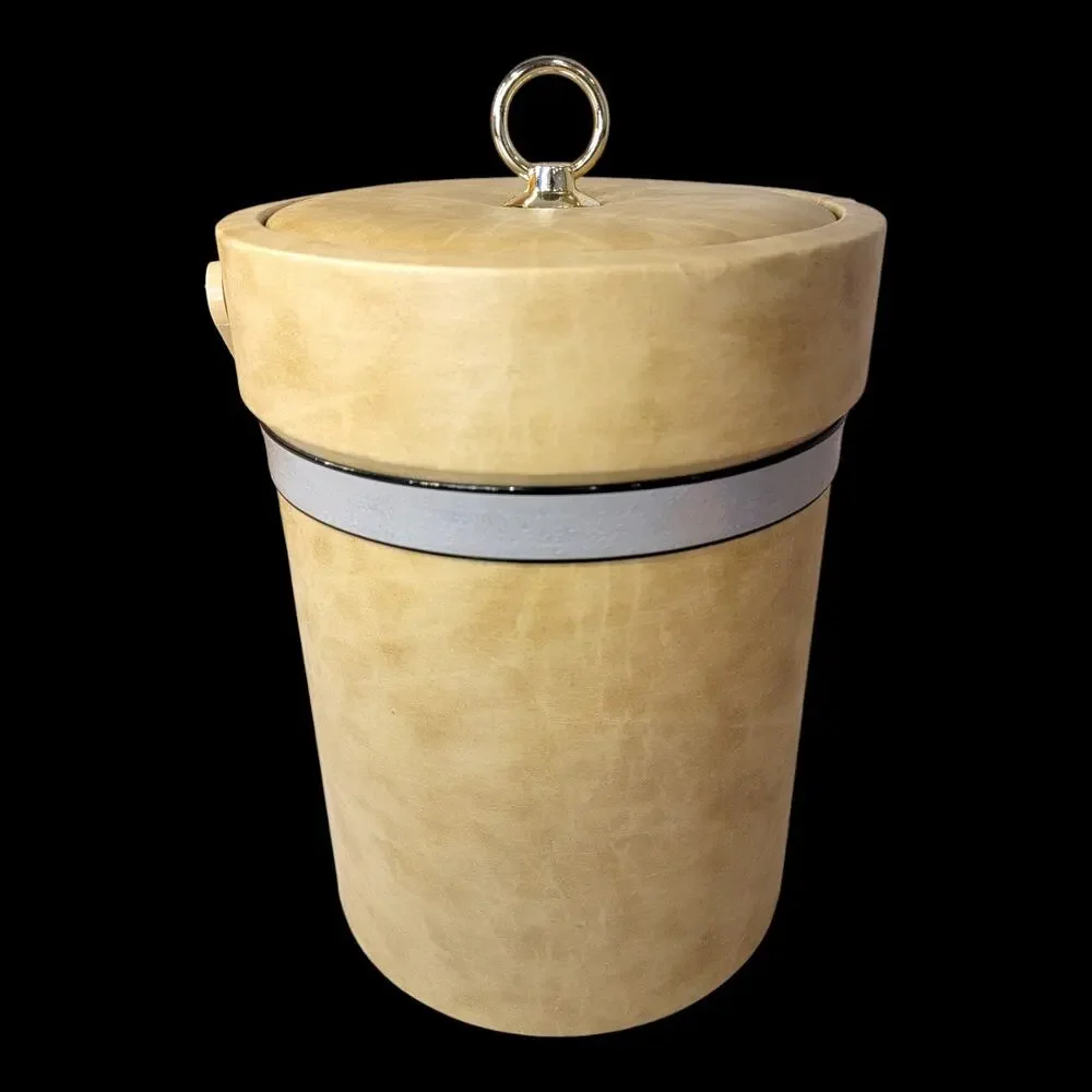 Vintage Tan Ice Bucket w/ Lid Swing Handle Fixed Liner Faux Leather Barware